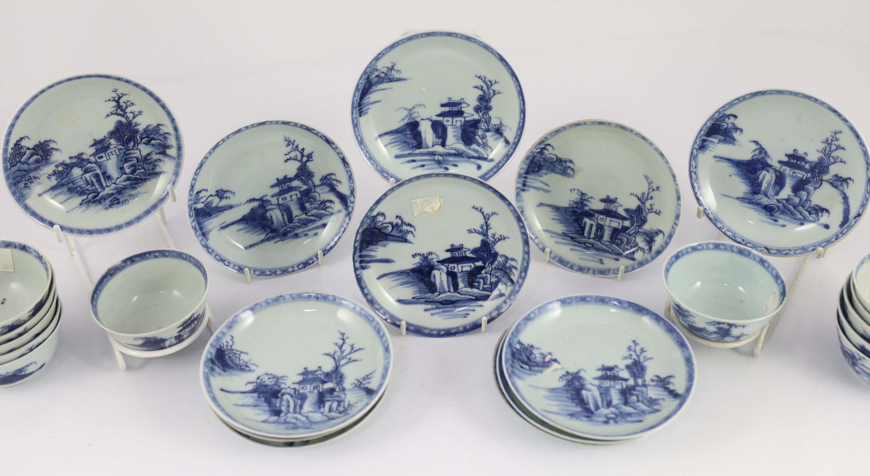 Twelve Chinese blue and white ‘Pagoda Riverscape’ tea bowls and saucers, Nanking Cargo, c.1750